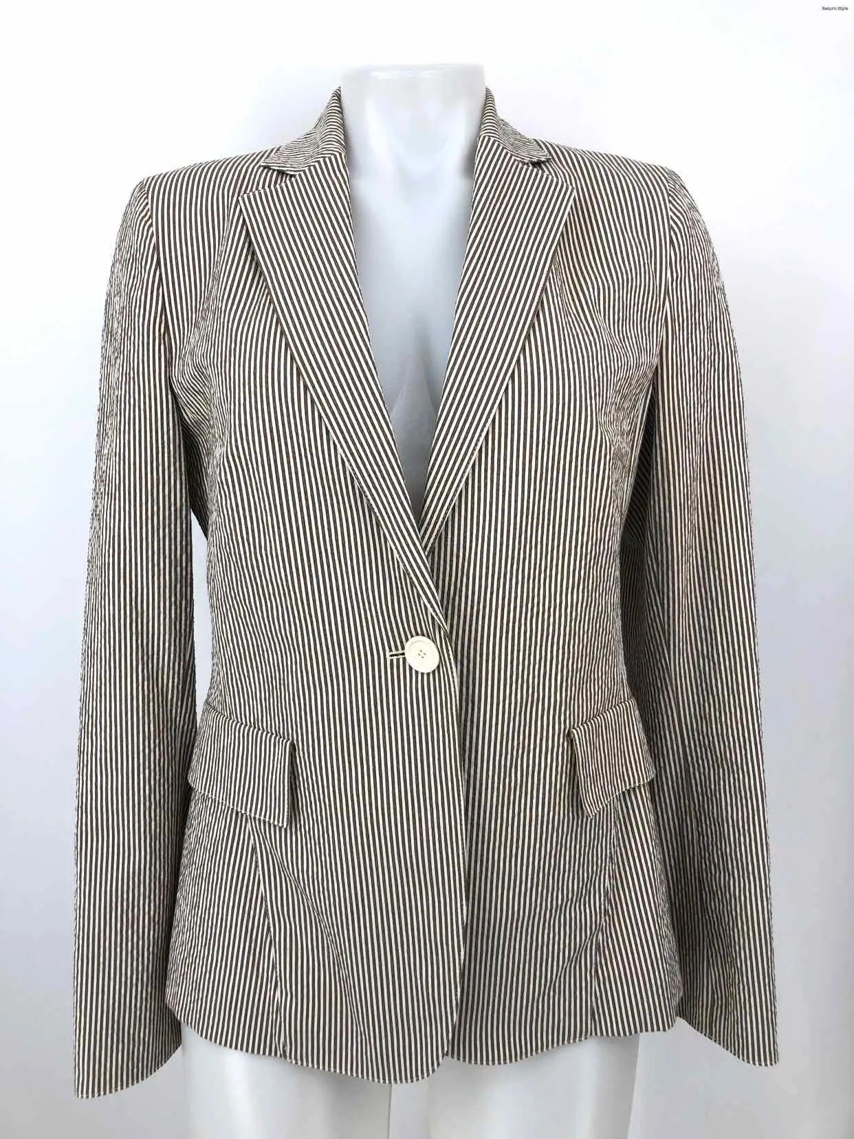 AKRIS PUNTO Cream Tan Cotton Blend Pinstripe Blazer Women Size 8  (M) Jacket