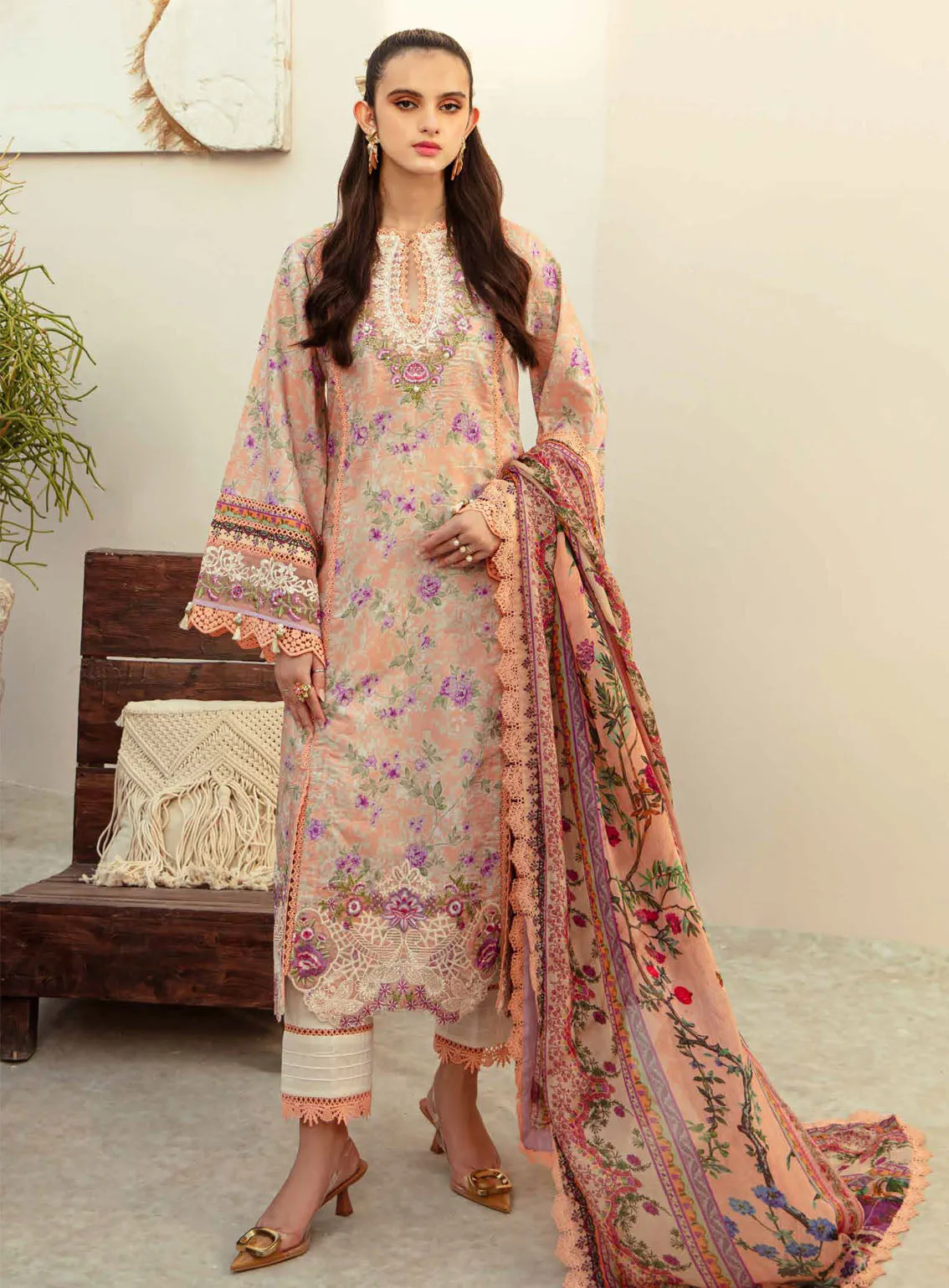 Alif Affordable By AJR Couture Embroidered Lawn 3 Piece Unstitched Suit AJR24AA AFL-07 CORAL BLUSH