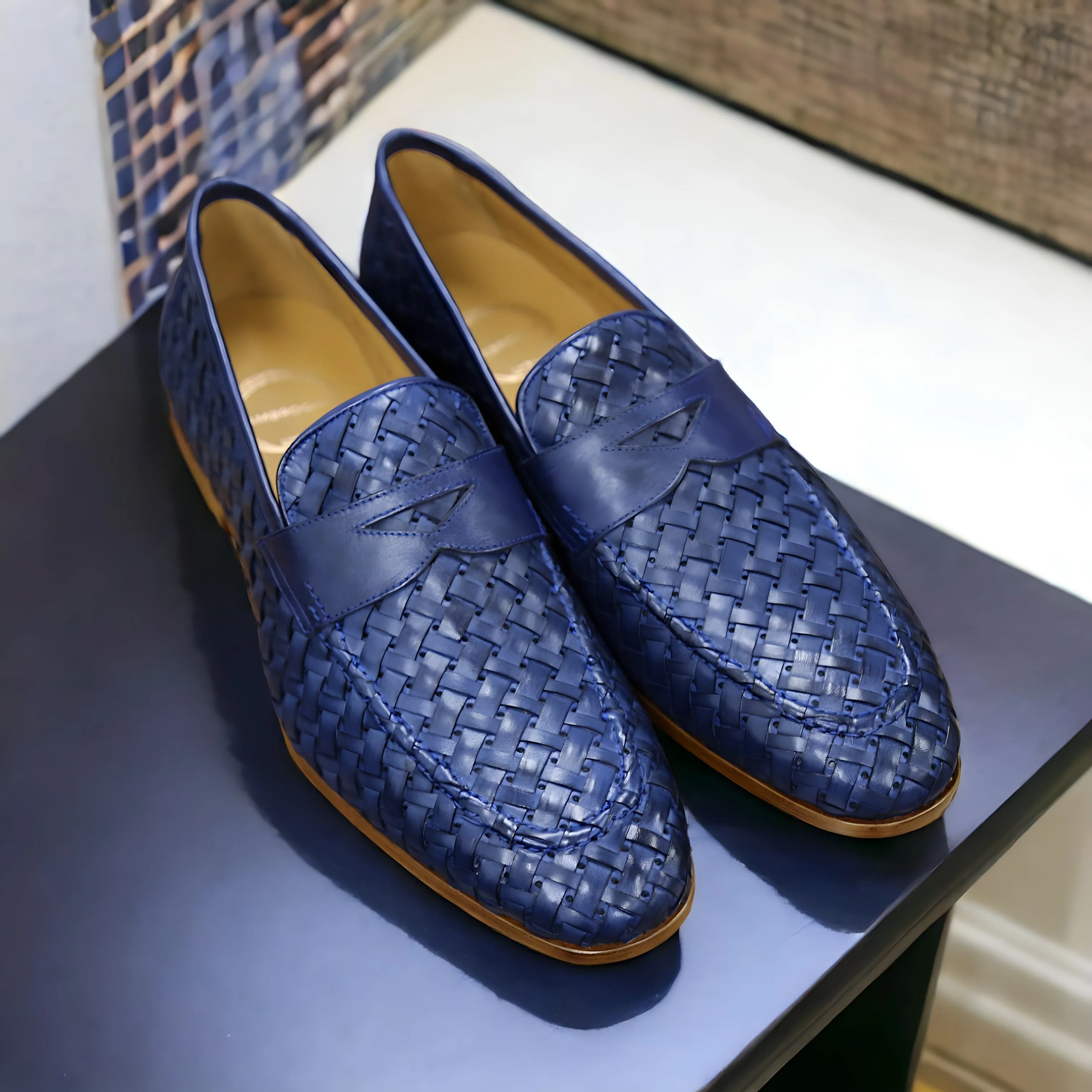 Ambrogio by Mezlan Solomeo 21101 Men's Shoes Navy Woven Leather Penny Slip-On Loafers (AMZ1012)