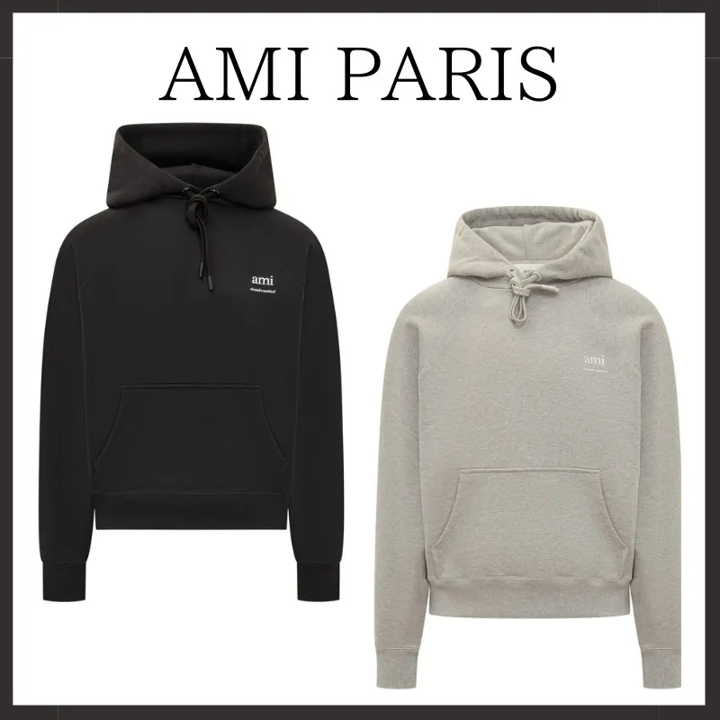 AMI PARIS  |Long Sleeves Plain Cotton Logo Designers Hoodies