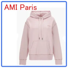 AMI PARIS  |Long Sleeves Plain Cotton Logo Hoodies & Sweatshirts