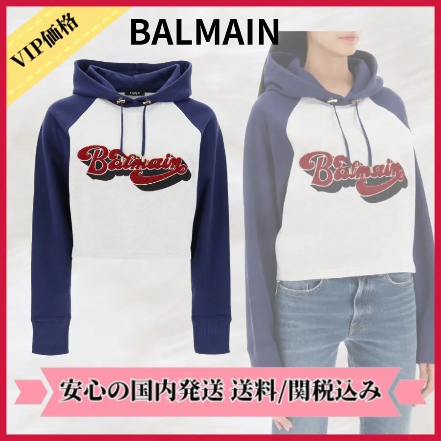 BALMAIN  |Long Sleeves Cotton Logo Hoodies & Sweatshirts