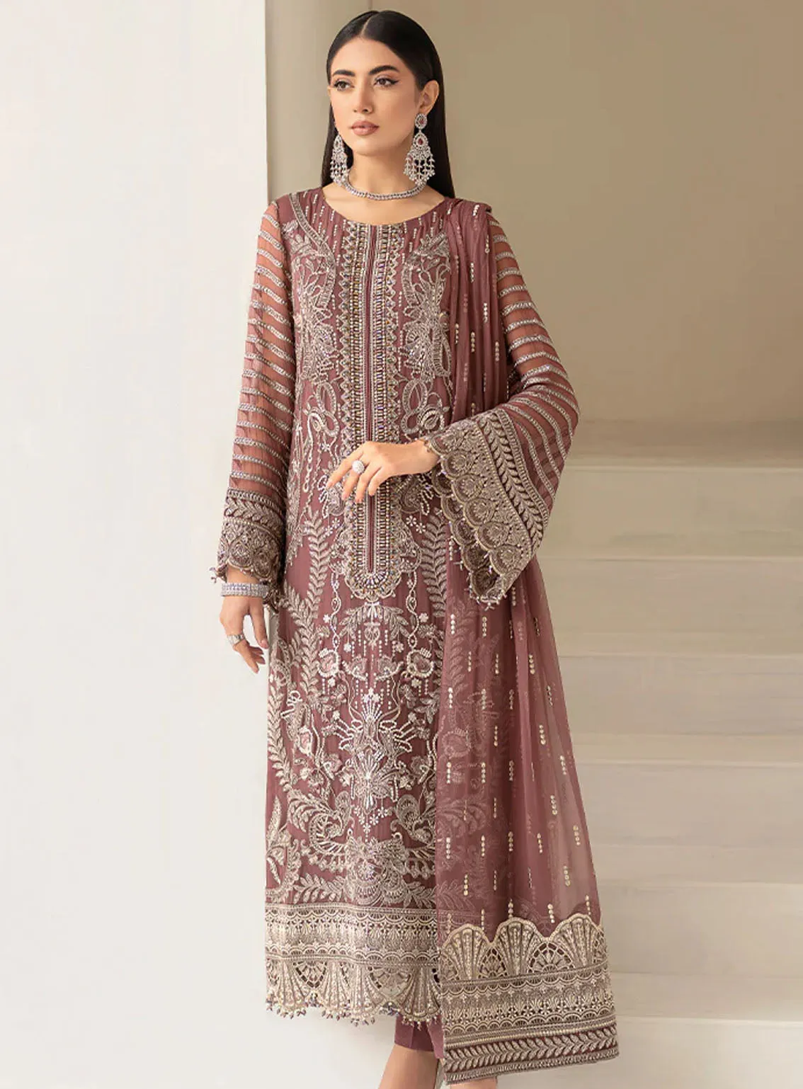 Best Of Flossie Luxury Embroidered Chiffon 3 Piece Unstitched Suit FS24LC D-603