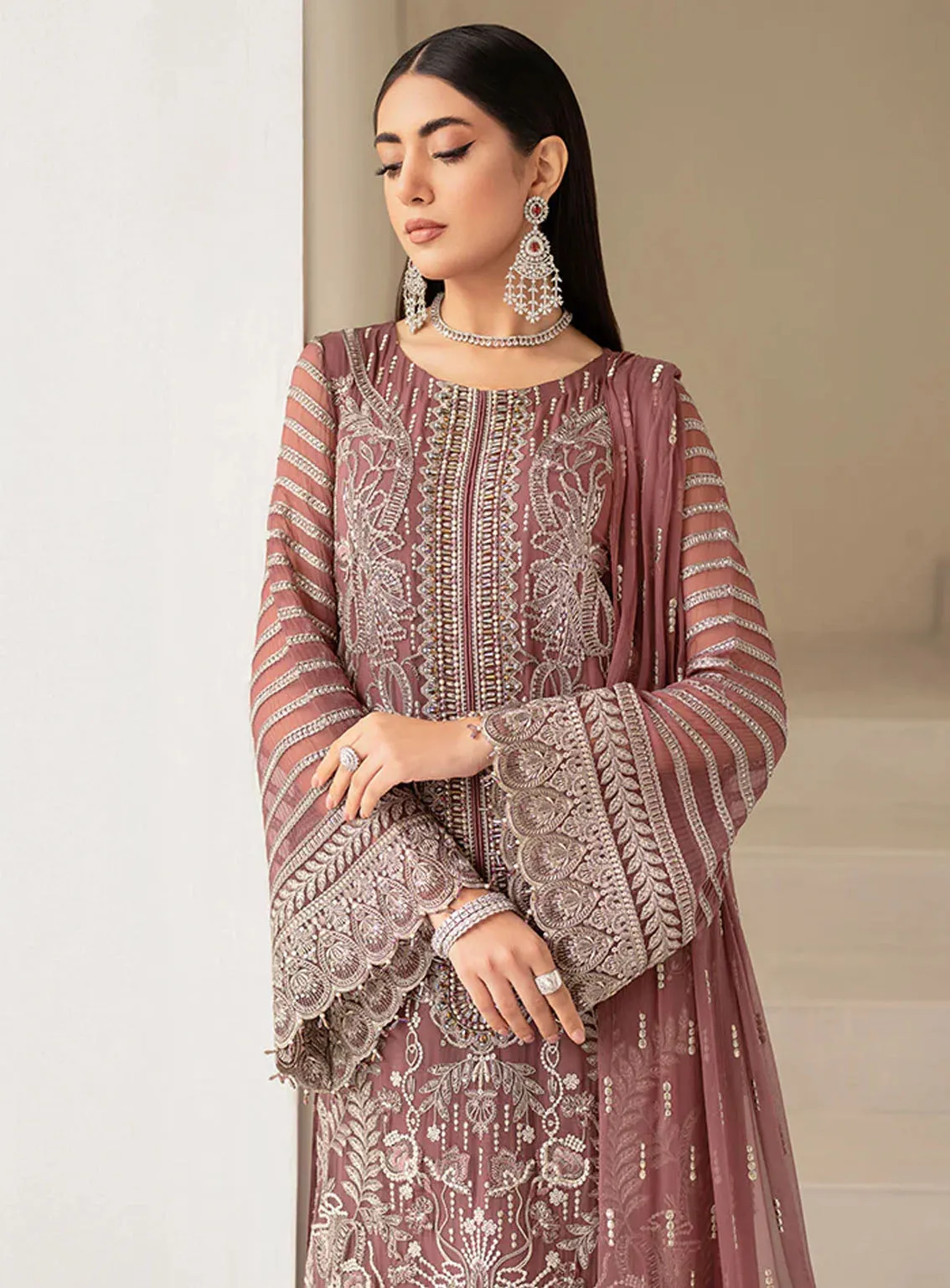 Best Of Flossie Luxury Embroidered Chiffon 3 Piece Unstitched Suit FS24LC D-603