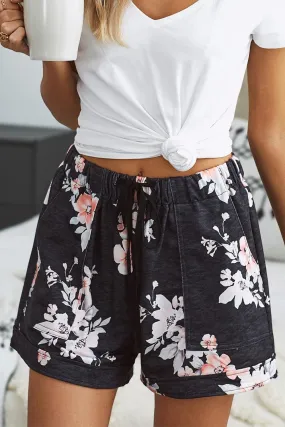 Black Floral Print Casual Pocketed Shorts