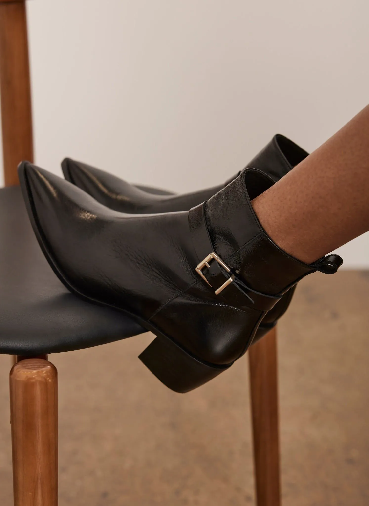 Black Leather Block Heel Boots