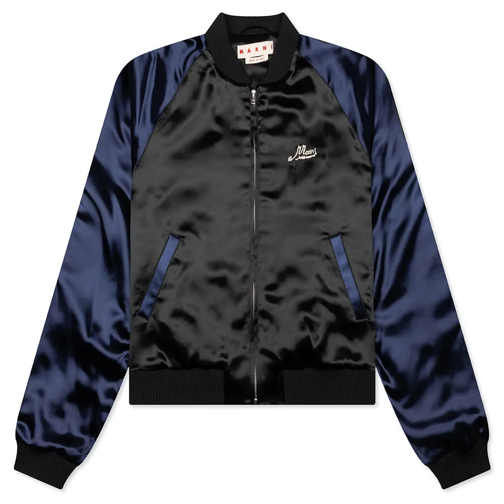 Black Satin Bomber with Beaded Logo - Black