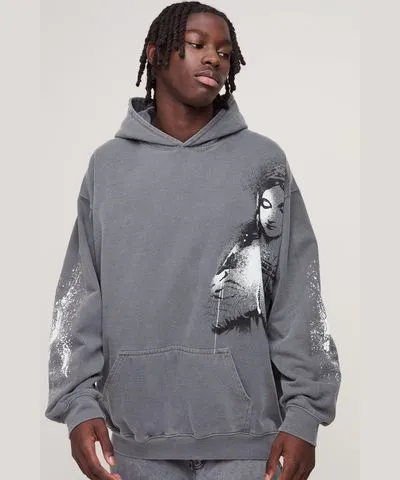 boohoo Mens Oversized Washed Renaissance Overseams Graphic Hoodie