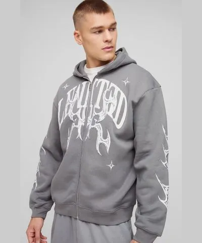 boohoo Mens Oversized Zip Through Limited Graphic Hoodie