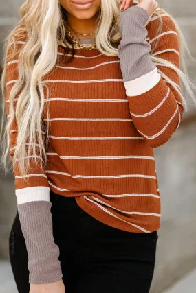 Color Block Cuffs Rib Knit Striped Pullover - Brown