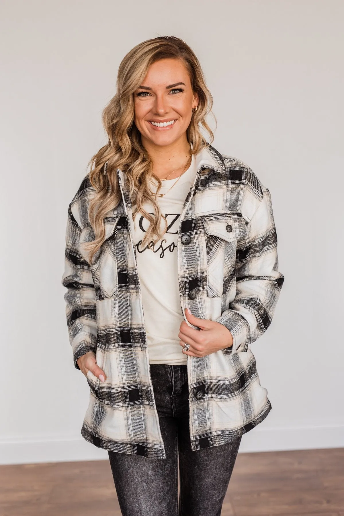 Cover Me Up Sherpa Lined Jacket- Black & Ivory