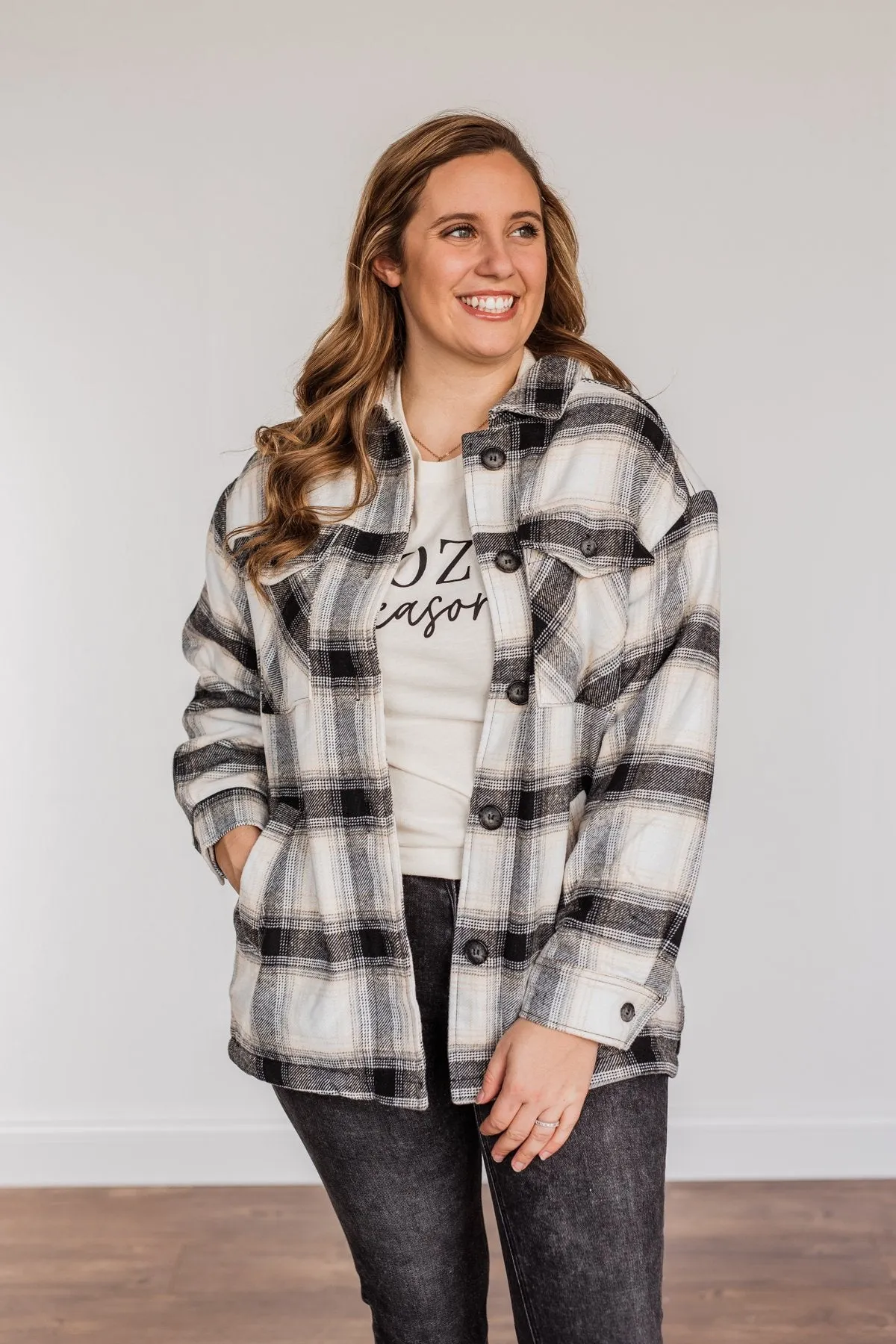 Cover Me Up Sherpa Lined Jacket- Black & Ivory