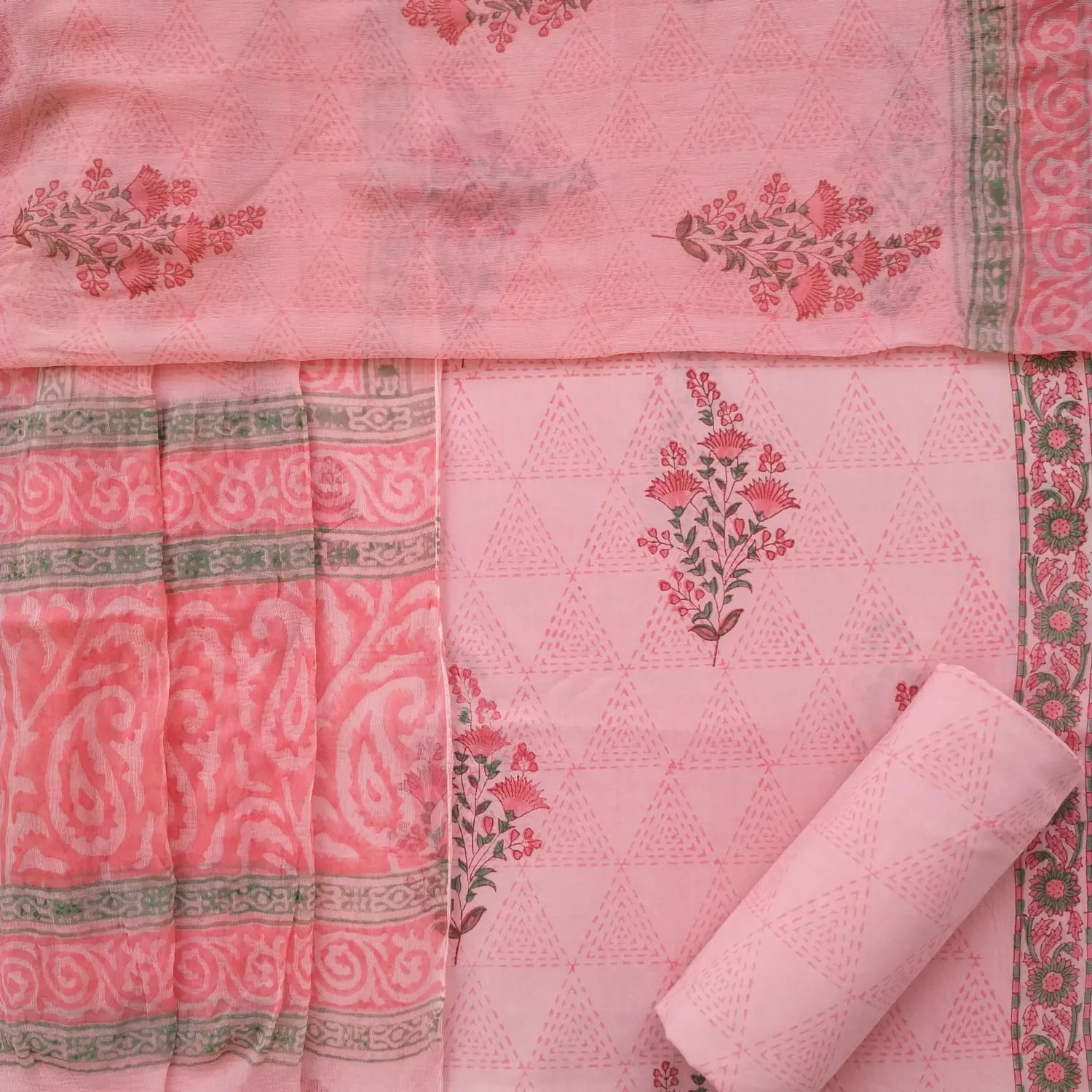 Designer Hand Block Print Cotton Suit Set with Chiffon Dupatta (PCHF360)