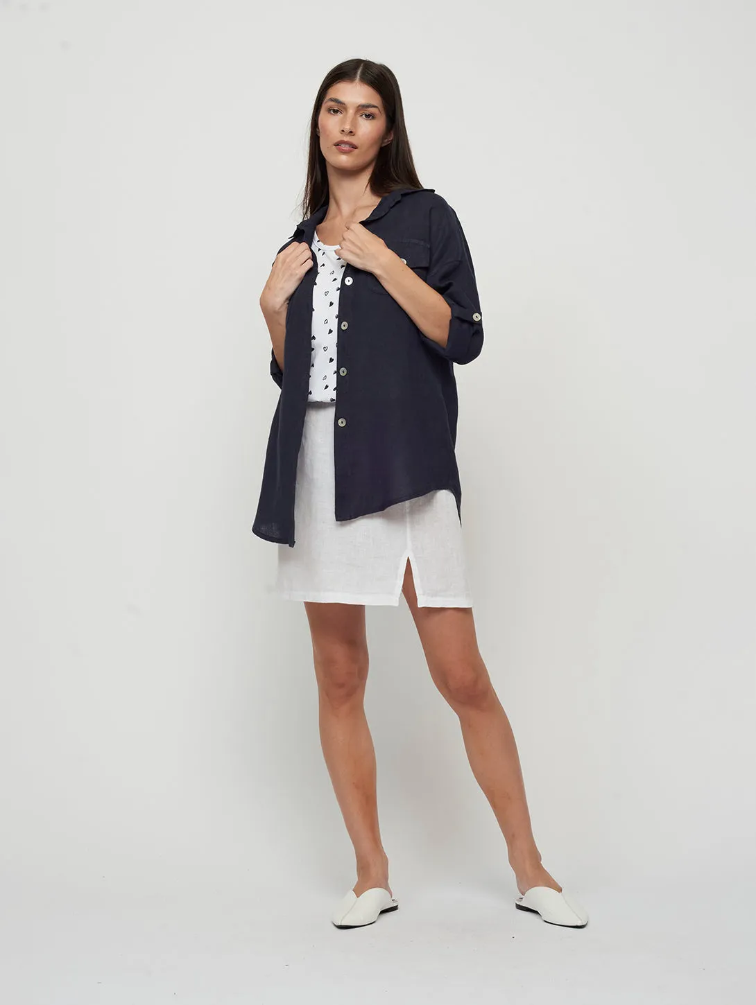 Double Pocket Linen Shirt - Navy