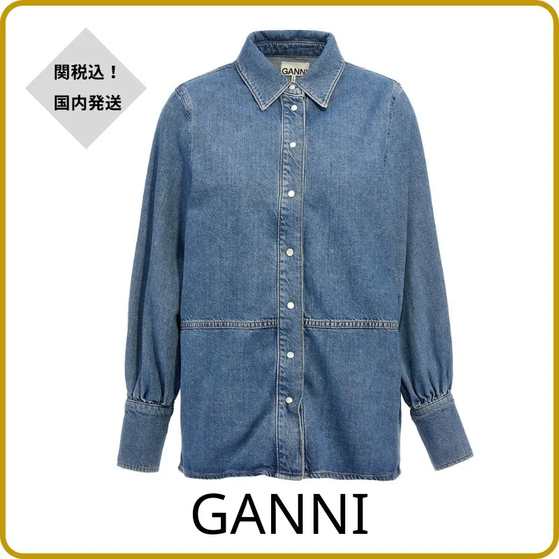 Ganni  |Denim Long Sleeves Logo Hoodies & Sweatshirts