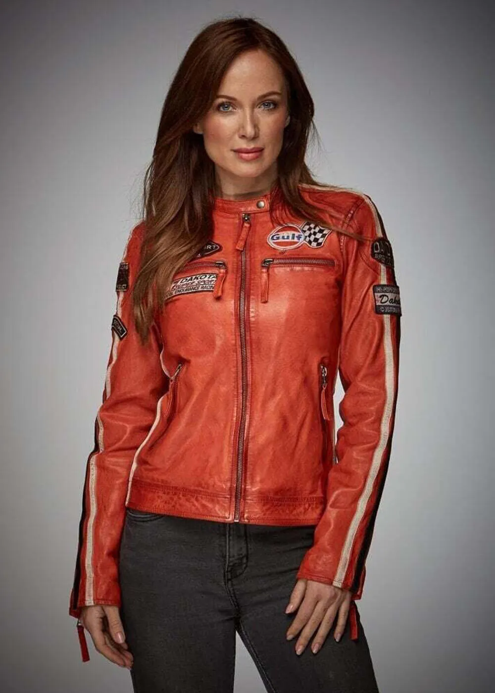 Grand Prix Women's Gulf Racing Leather Jacket Orange