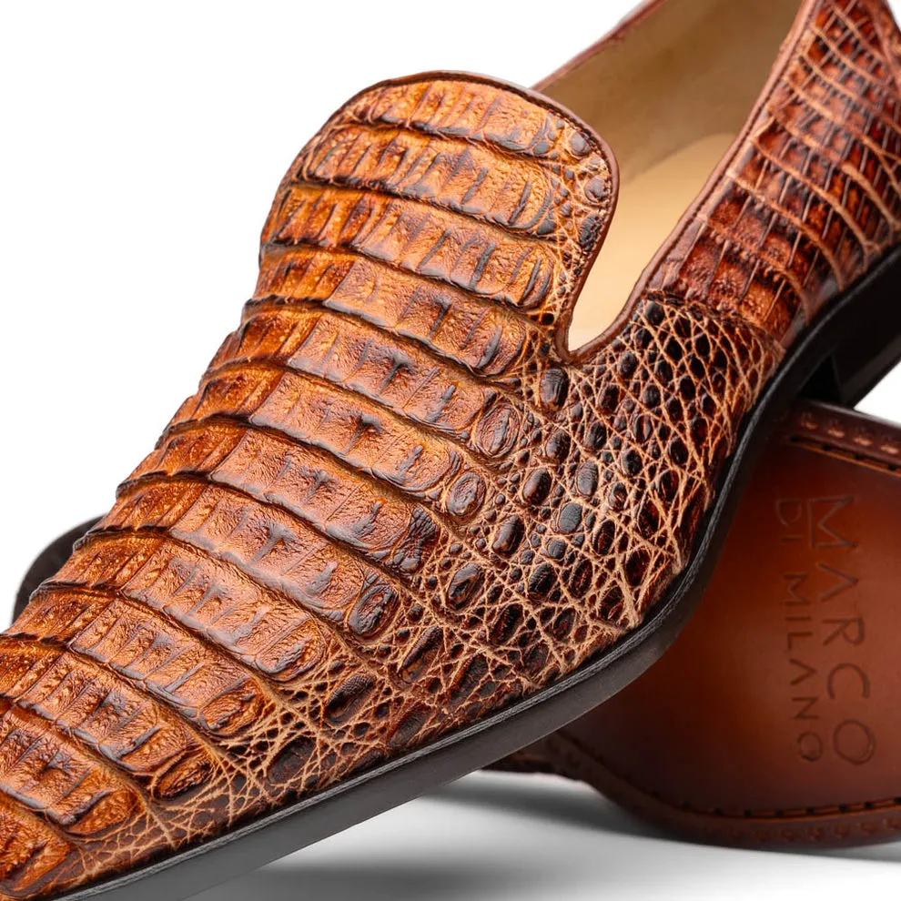 Marco Di Milano Trento Men's Shoes Cognac Genuine Caiman Crocodile Slip-On Loafers (MDM1116)