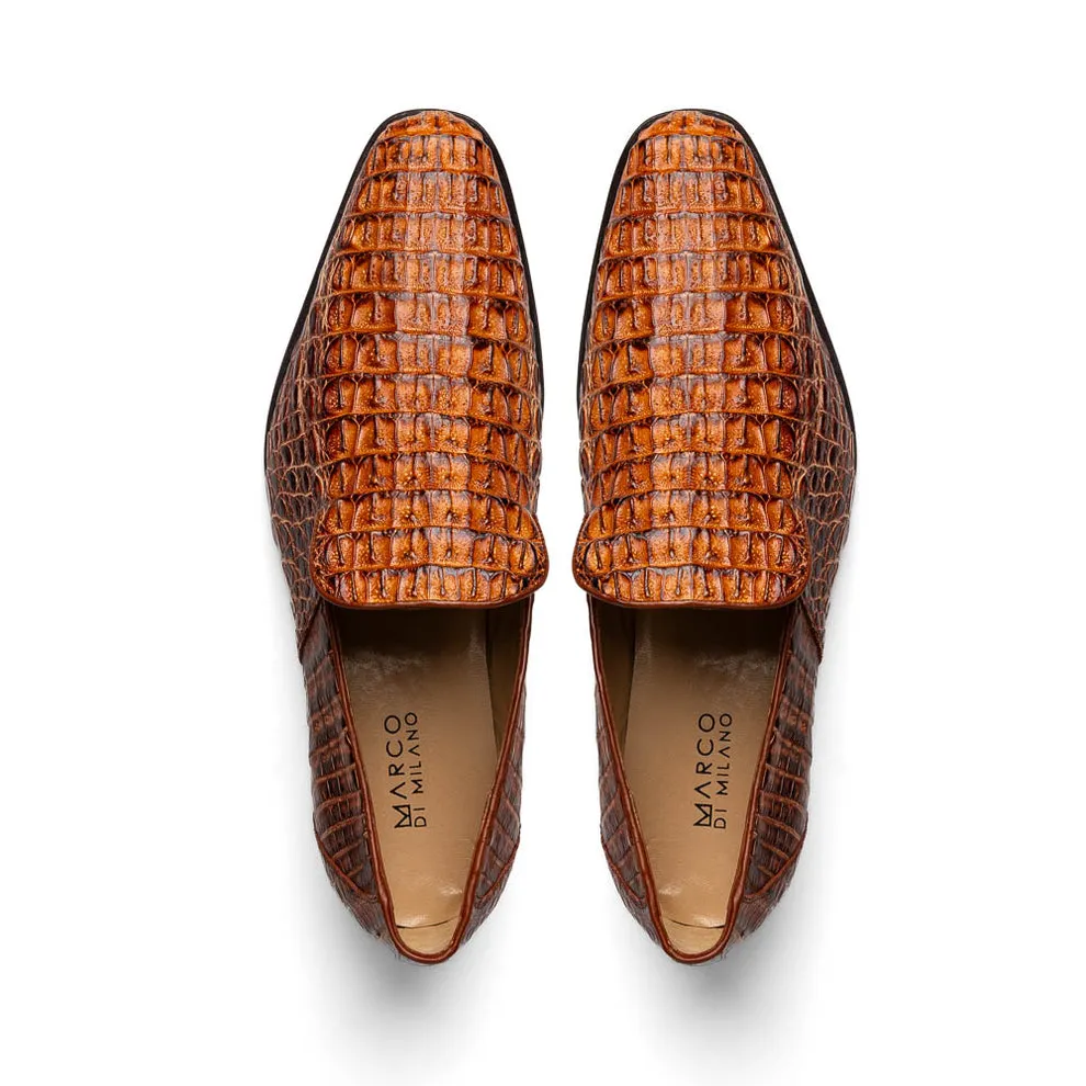 Marco Di Milano Trento Men's Shoes Cognac Genuine Caiman Crocodile Slip-On Loafers (MDM1116)