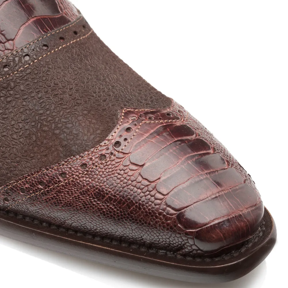 Mezlan SX4866-P Men's Shoes Brown Exotic Ostrich / Suede Leather Gored Slip-On Loafers (MZ3535)