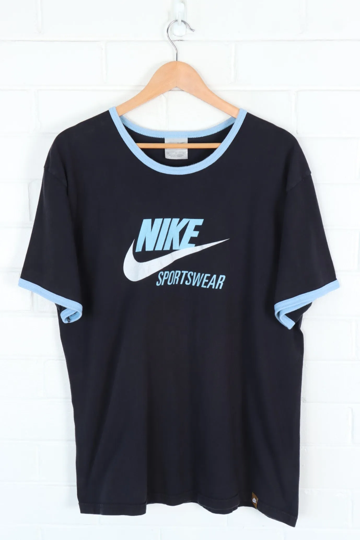 NIKE Navy & Blue Swoosh Logo Ringer Tee (XL)