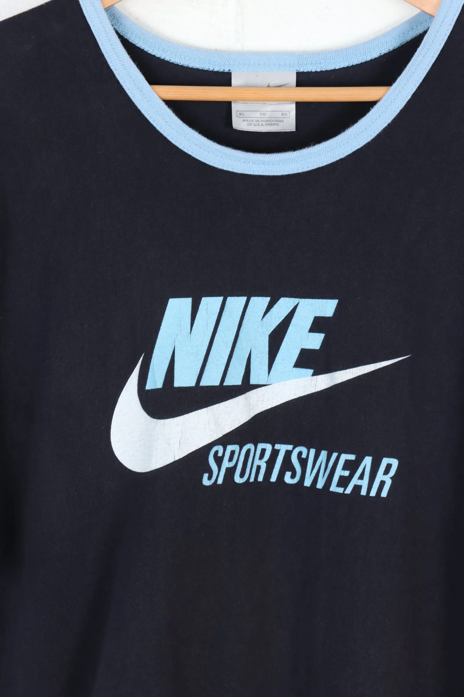 NIKE Navy & Blue Swoosh Logo Ringer Tee (XL)