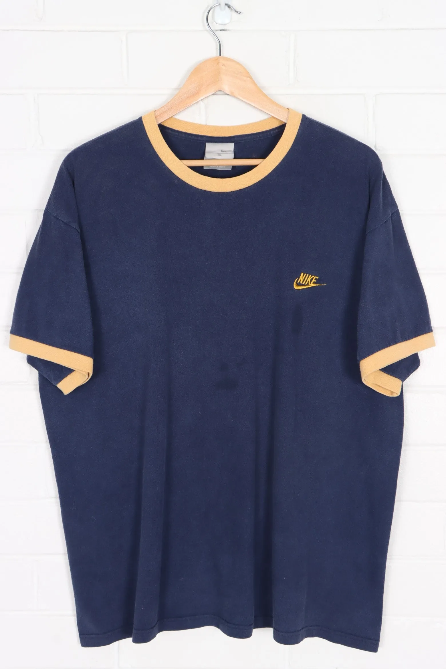 NIKE Navy & Gold Embroidered Swoosh Logo Ringer T-Shirt (XL)