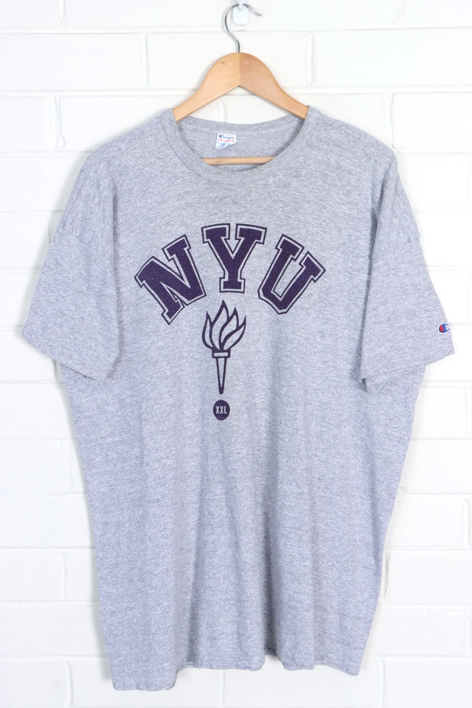 NYU Spell Out Torch Logo CHAMPION Tee USA Made (L)