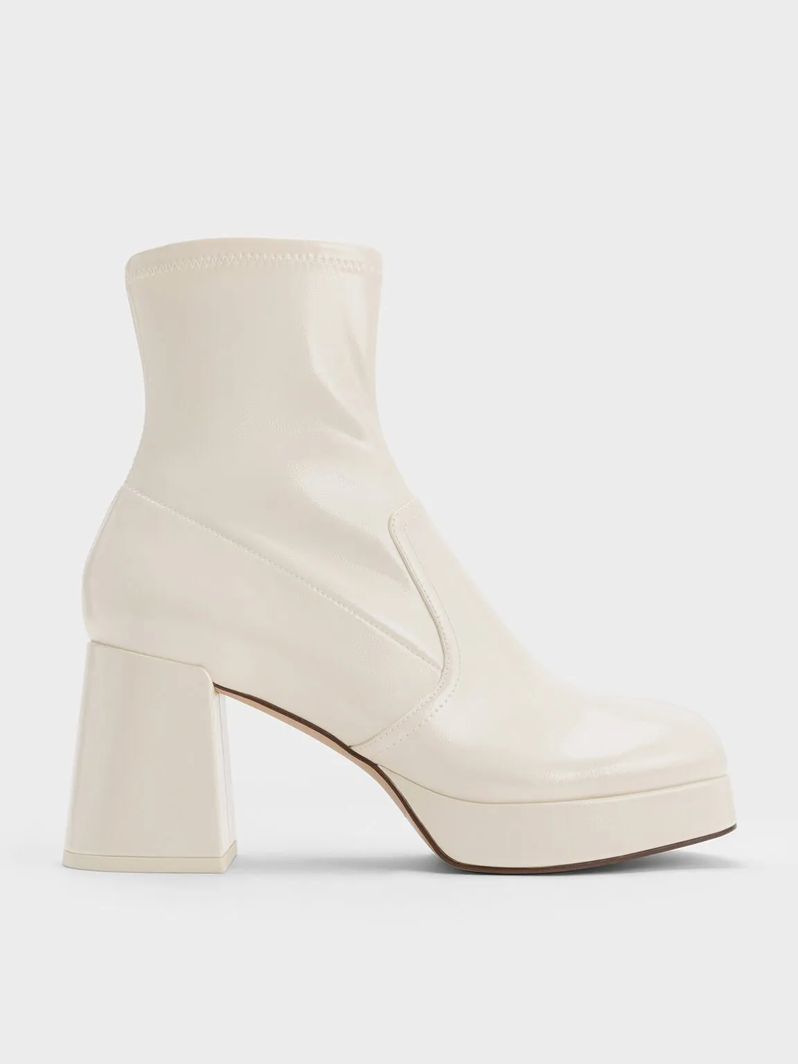 Patent Crinkle-Effect Block-Heel Boots - Beige