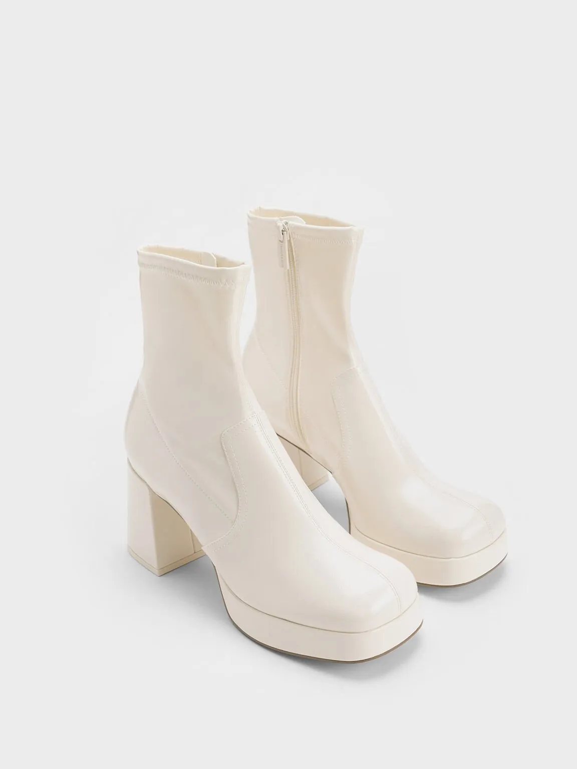 Patent Crinkle-Effect Block-Heel Boots - Beige