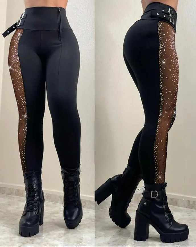 Plain Contrast Lace Buckle Decor Skinny Pants - Sexy High-Waist Style