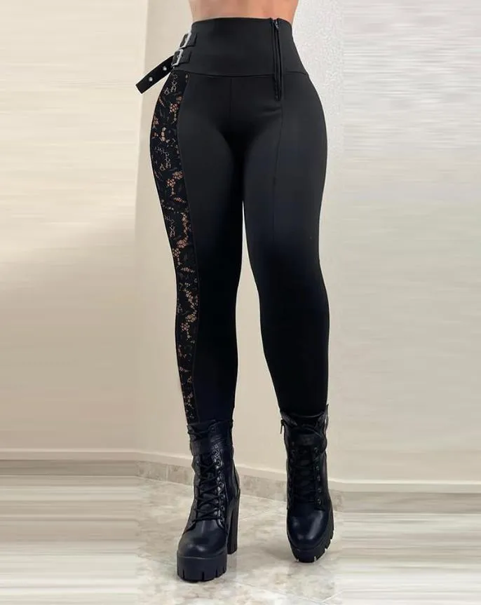 Plain Contrast Lace Buckle Decor Skinny Pants - Sexy High-Waist Style