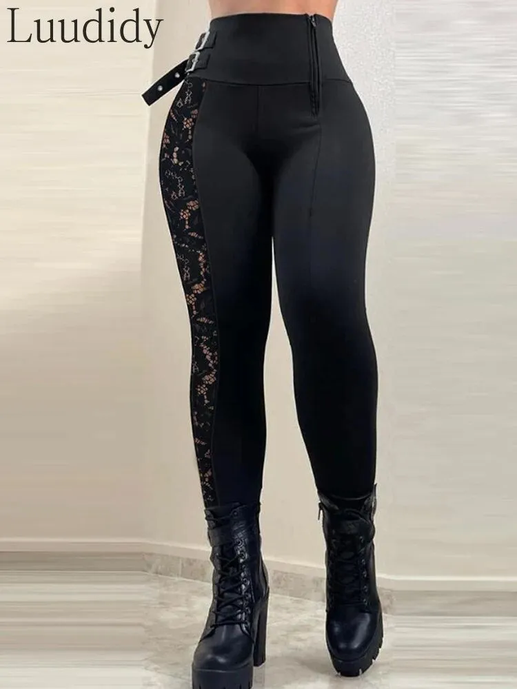 Plain Contrast Lace Buckle Decor Skinny Pants - Sexy High-Waist Style