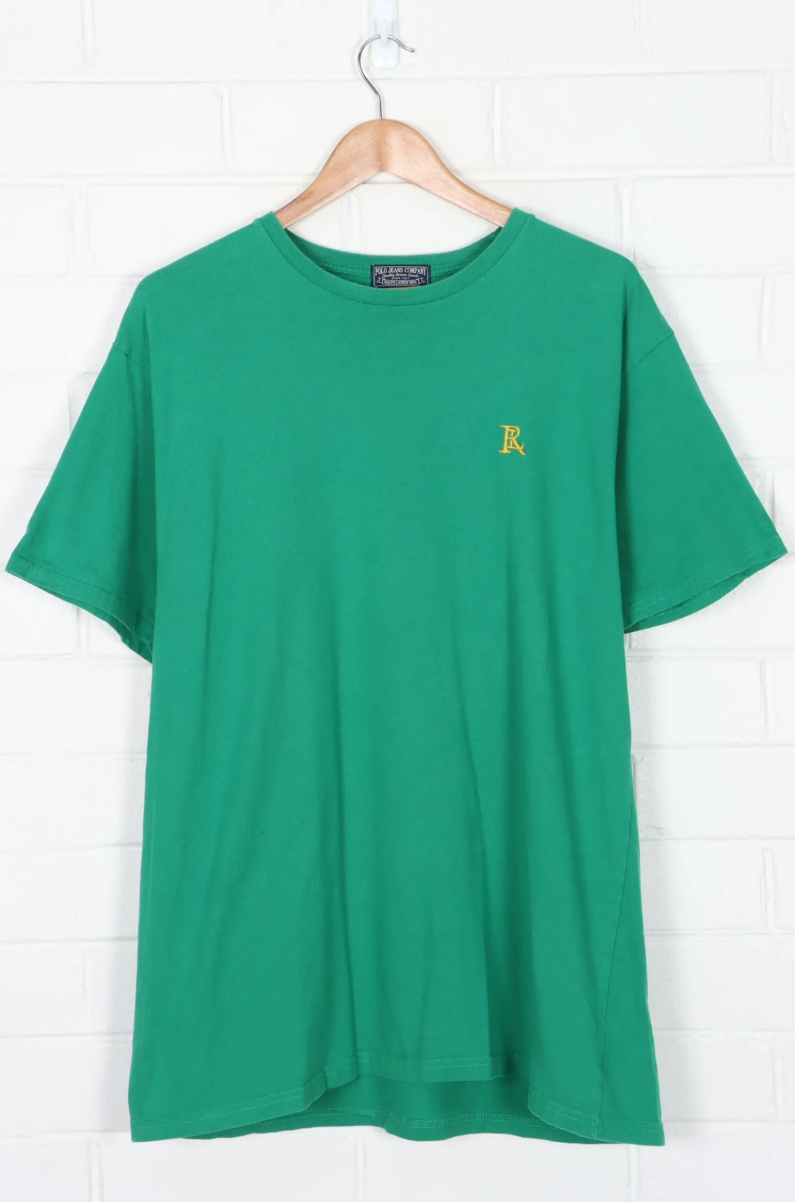 RALPH LAUREN POLO JEANS 90s Green Embroidered Initial Logo T-Shirt (L-XL)