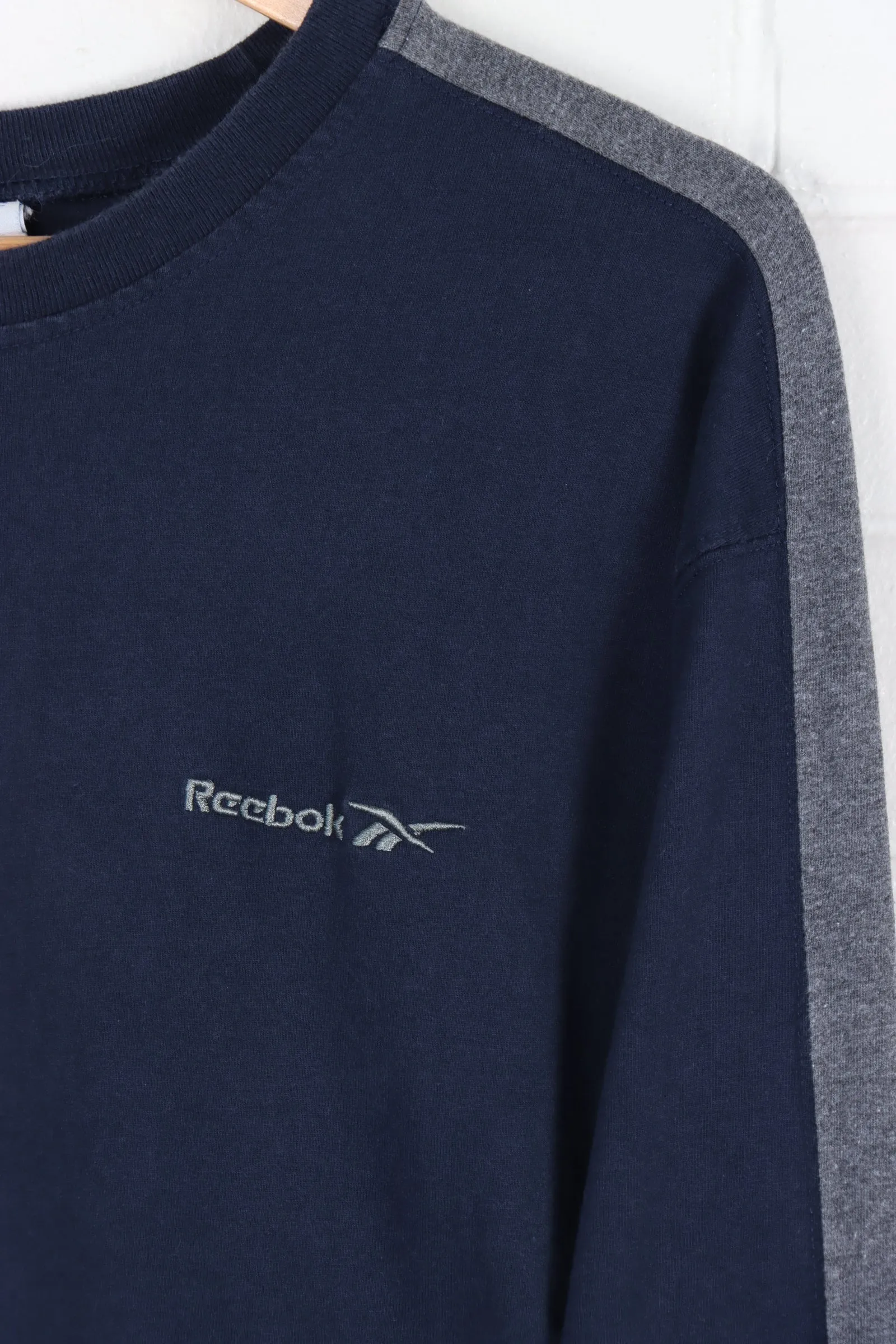 REEBOK Navy & Grey Embroidered Sleeve Detail Long Sleeve T-Shirt (M)