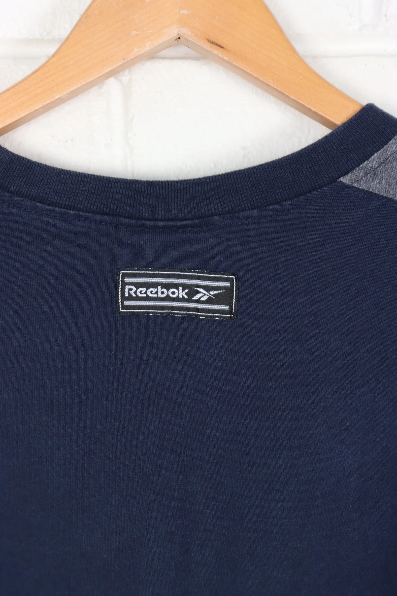 REEBOK Navy & Grey Embroidered Sleeve Detail Long Sleeve T-Shirt (M)