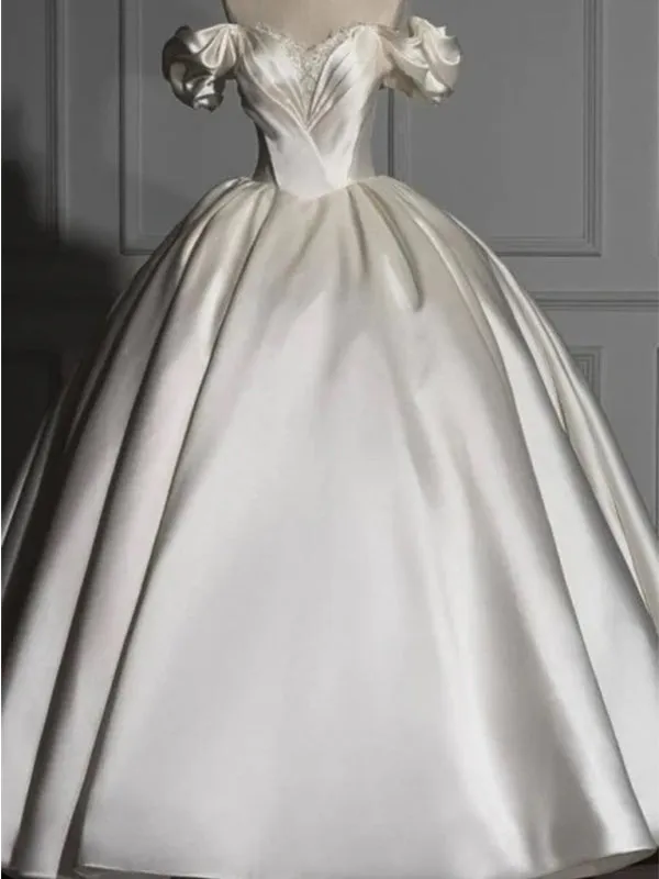 Romantic Off Shoulder Ball Gown Satin Wedding Dress, WD0444