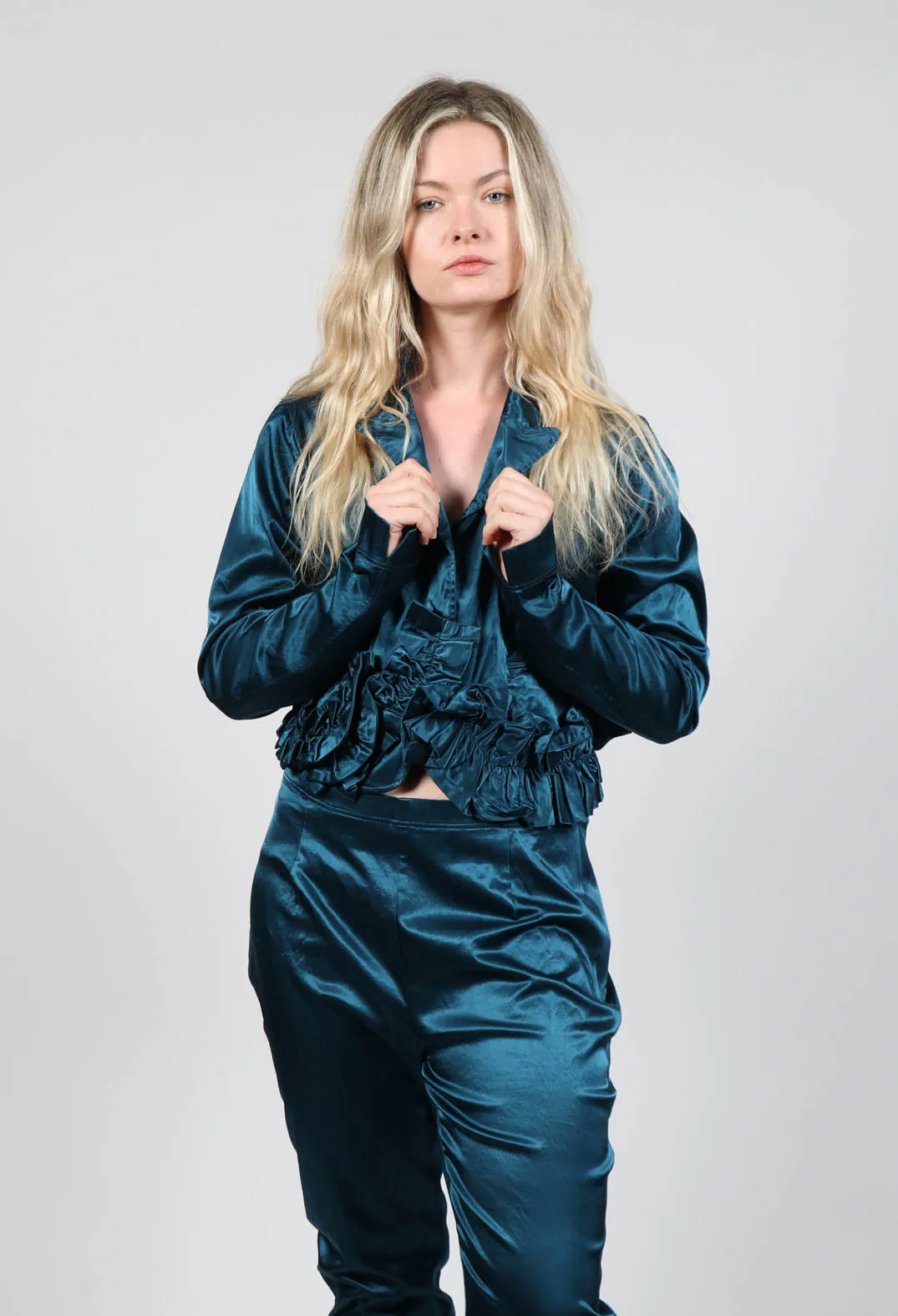 Satin Cropped Jacket with Ruffle Detail in Ink