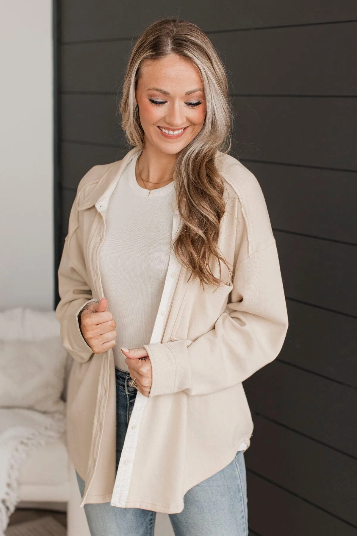 See The City Button Up Shirt Jacket- Light Beige