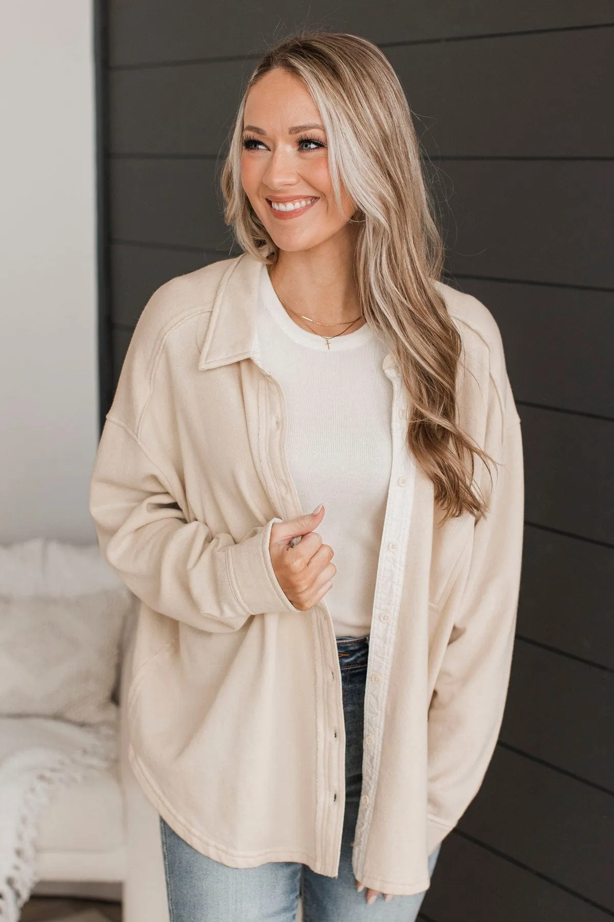 See The City Button Up Shirt Jacket- Light Beige