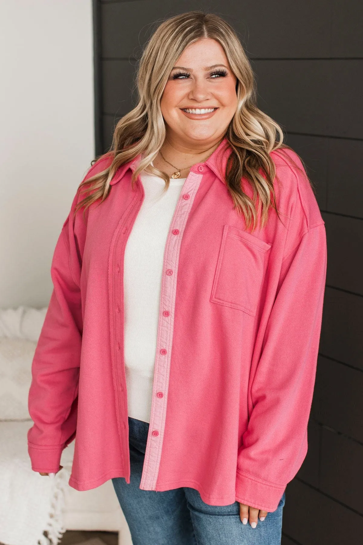 See The City Button Up Shirt Jacket- Pink