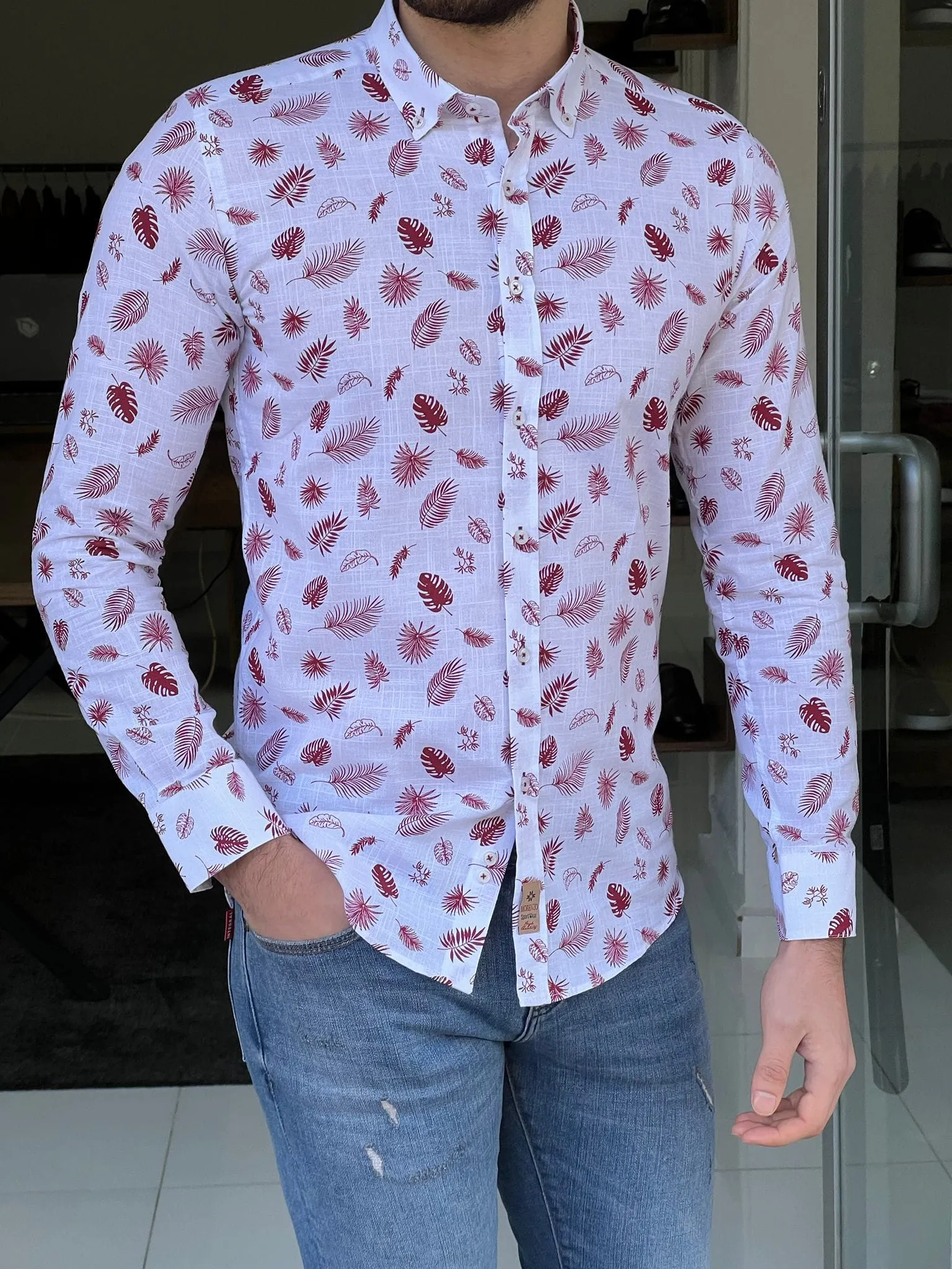 Slim Fit Leaf Pattern Claret-red Cotton Shirt