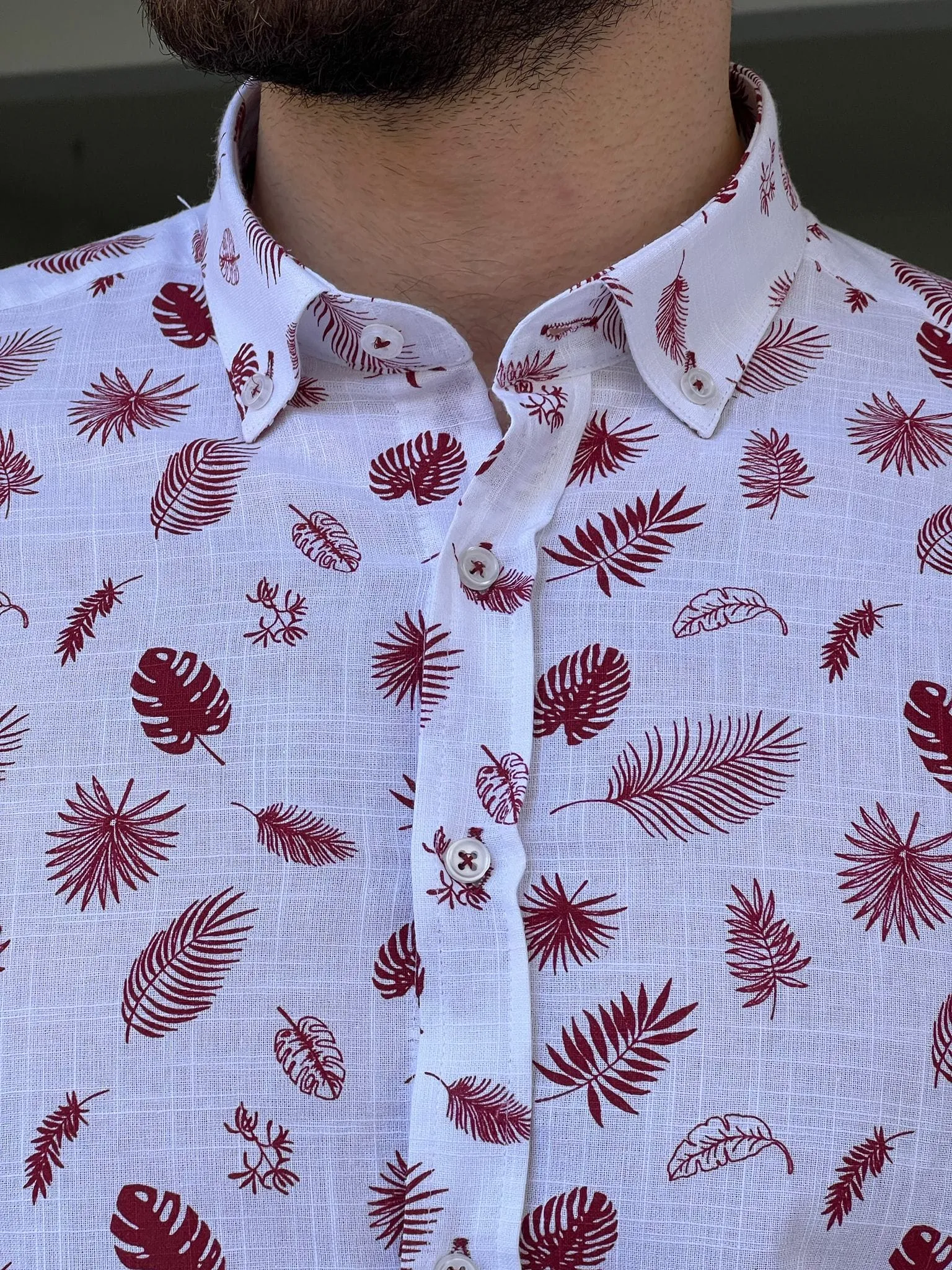 Slim Fit Leaf Pattern Claret-red Cotton Shirt