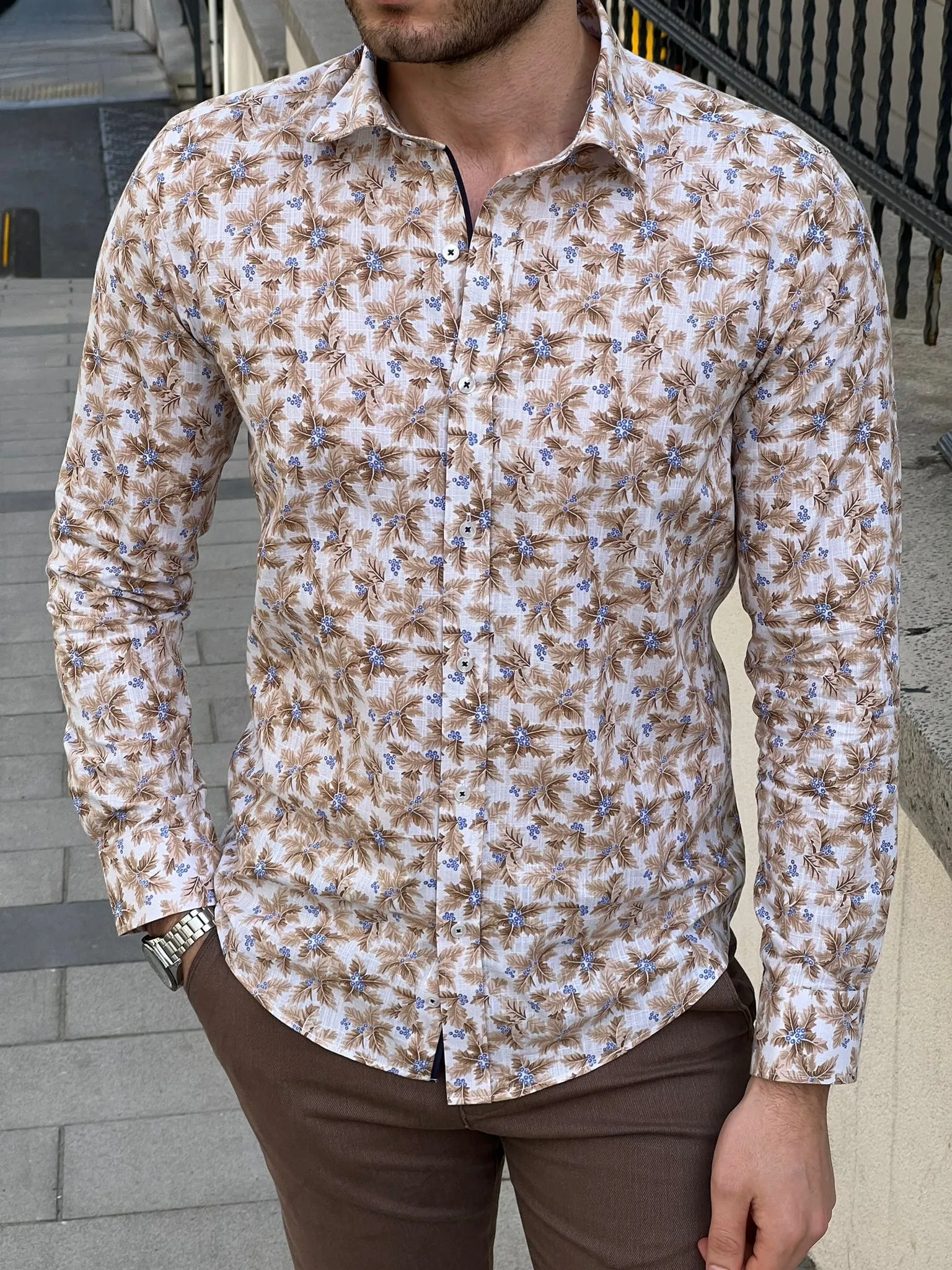 Slim Fit Patterned Cotton Beige Shirt