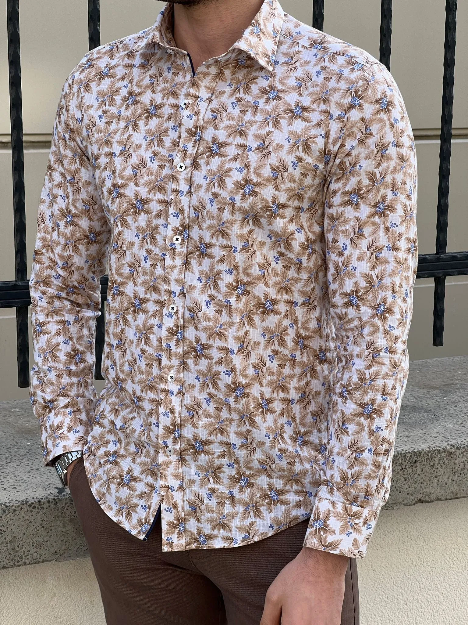 Slim Fit Patterned Cotton Beige Shirt