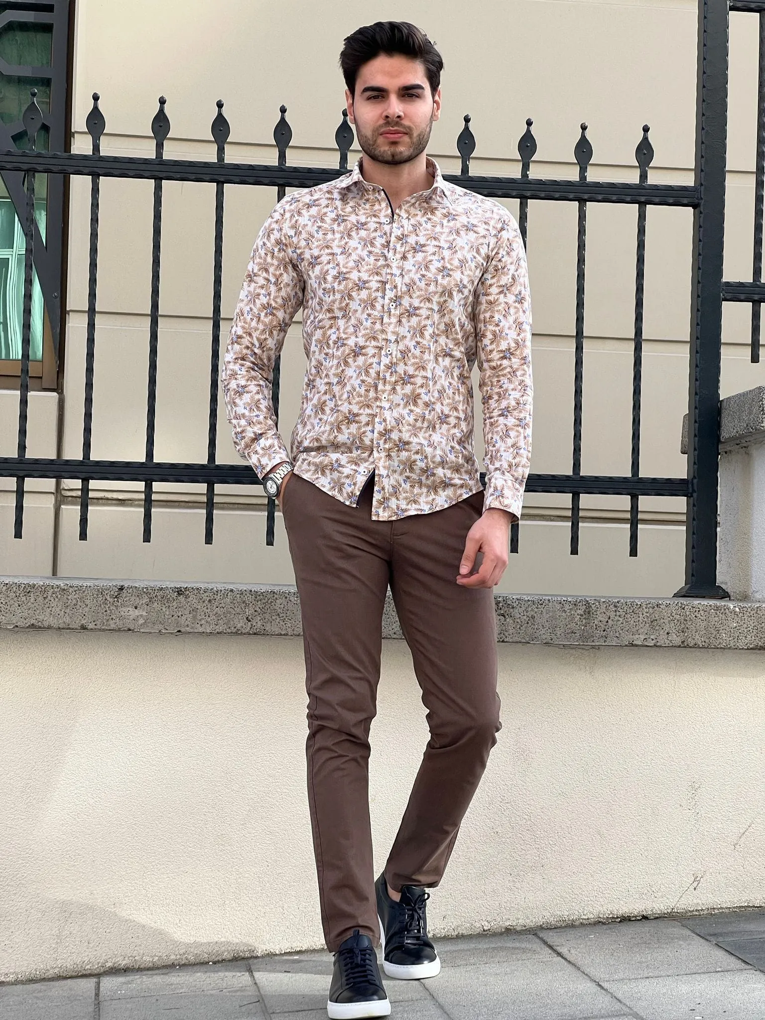 Slim Fit Patterned Cotton Beige Shirt