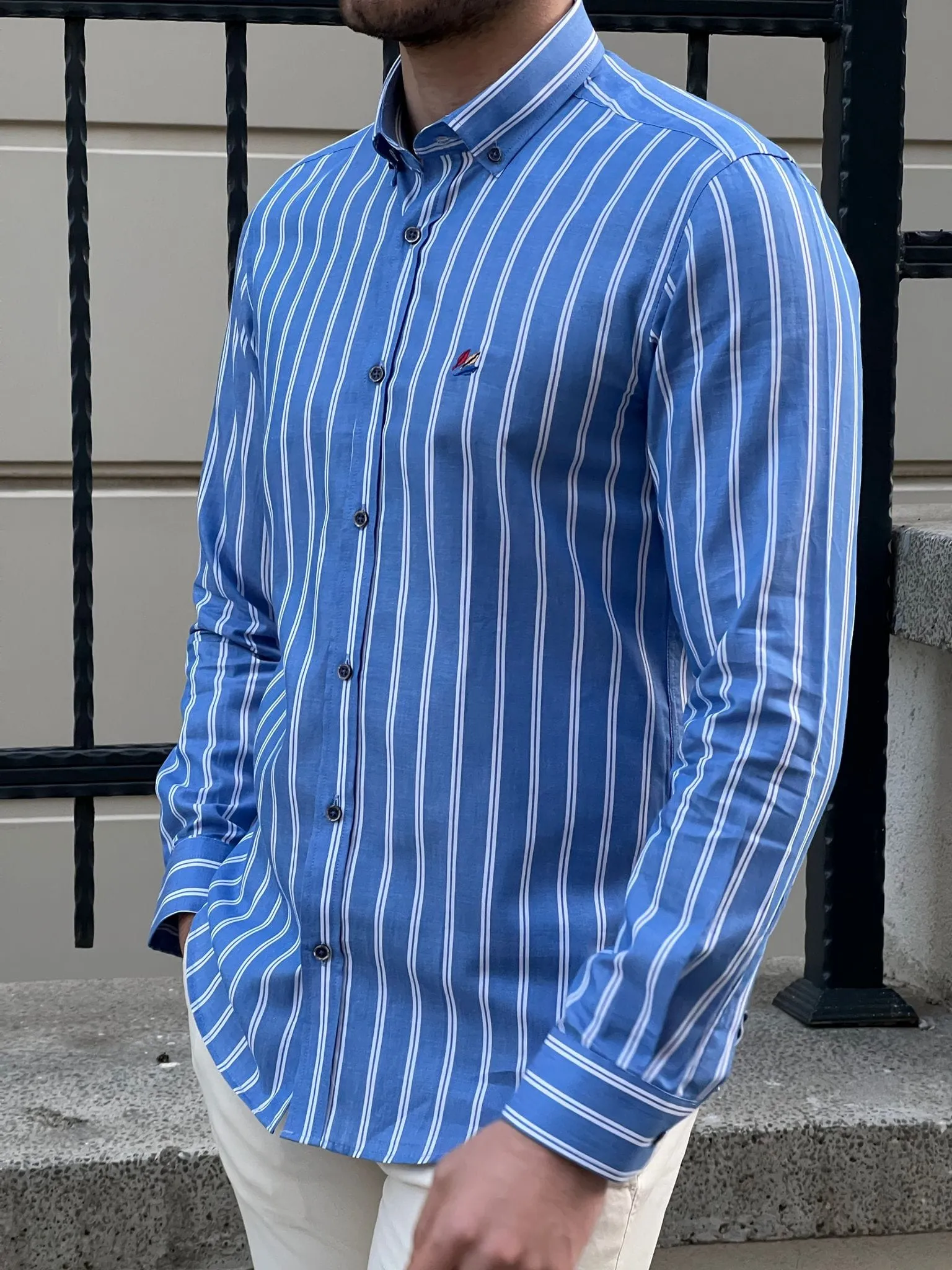 Slim Fit Striped Cotton Blue Shirt