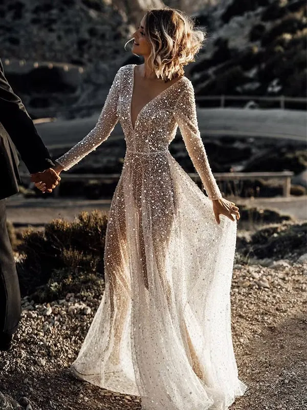 Sparkly New Arrival Long Sleeves Sequins V-neck A-line Wedding Dress Online, WD0521