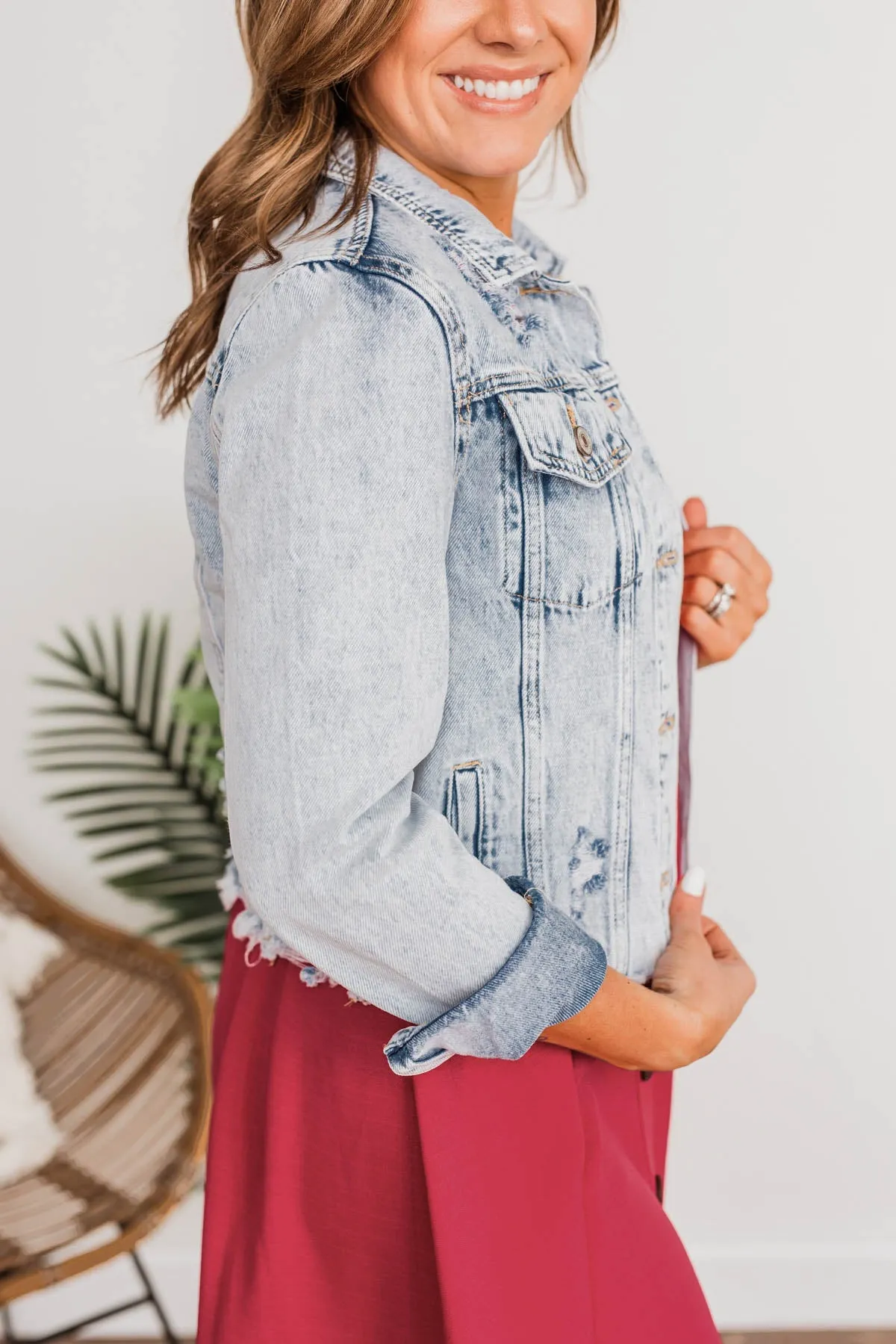 Travel In Style Distressed Denim Jacket- Vintage Wash