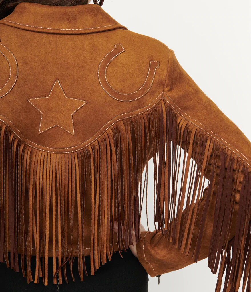 Unique Vintage Brown Suede Fringe Cattle Call Jacket