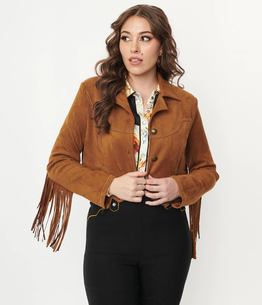 Unique Vintage Brown Suede Fringe Cattle Call Jacket